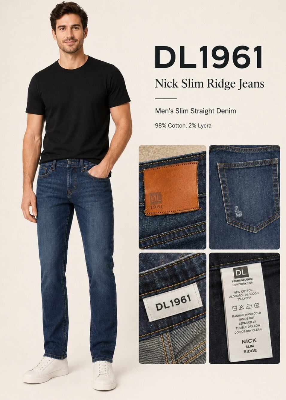 Modern DL1961 Men's Nick Slim Ridge Slim Straight Jeans Size 32 Dark Wash Denim